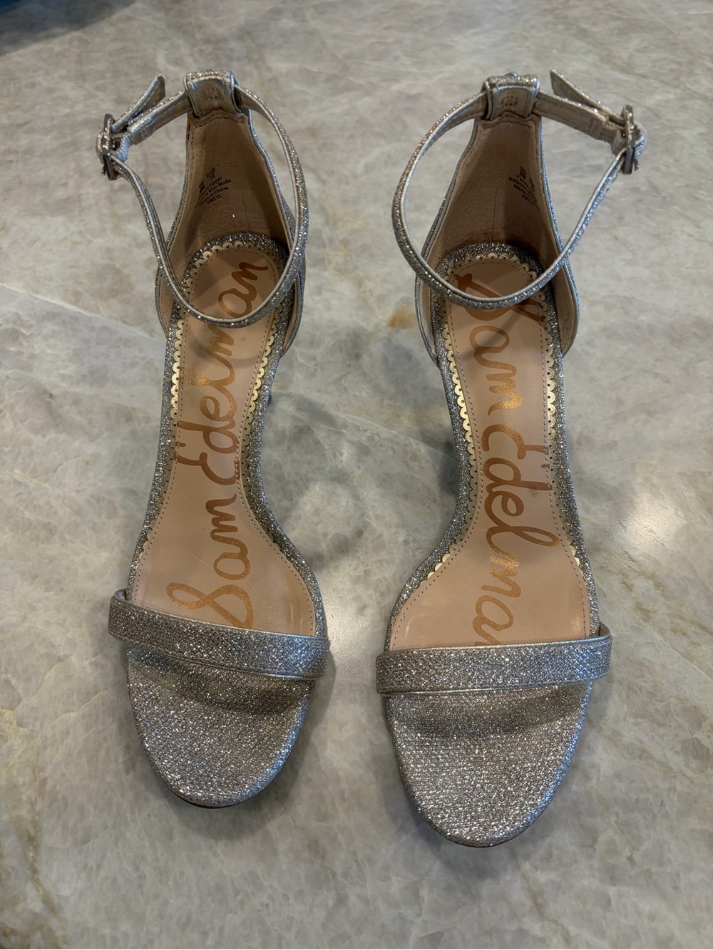 Sam Edelman Patti Silver Glitter Ankle-Strap Heels
